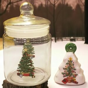 Vintage Christmas Glass Canister W/Seal Lid & Bell